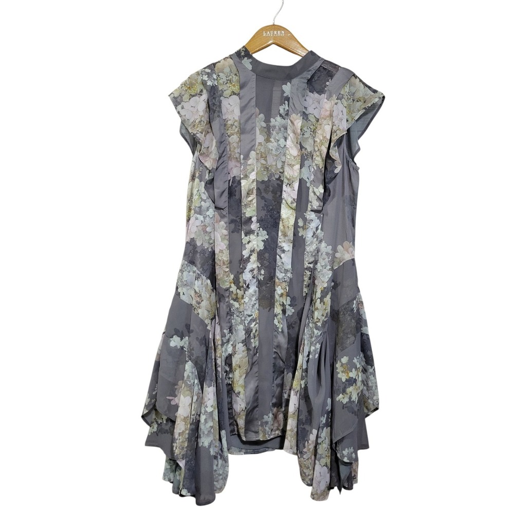Allsaints Fleur Venetia Mini Dress Womens 10 Gray Floral Asymmetrical ASOTV